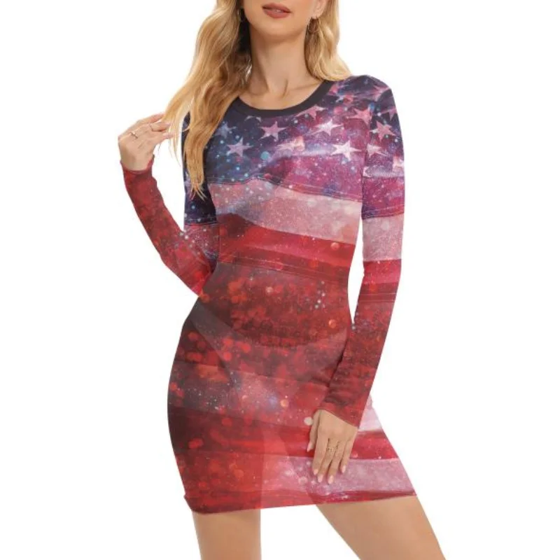 Vestido de malla Visible para mujer, traje de fiesta del Día de la independencia, patrón de bandera, ropa Sexy, 4 de julio