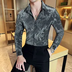 Luxury Velvet Long Sleeved Shirts for Men Autumn Winter Long Sleeve Floral Jacquard Casual Slim Shirt Social Party Tuxedo Blouse