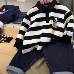 2024 Kids Clothes Sweatshirt Spring Autumn Girls Boys Cartoon Mickey Mouse Stripe Lapel Long Sleeve Polo Shirt Children Clothing