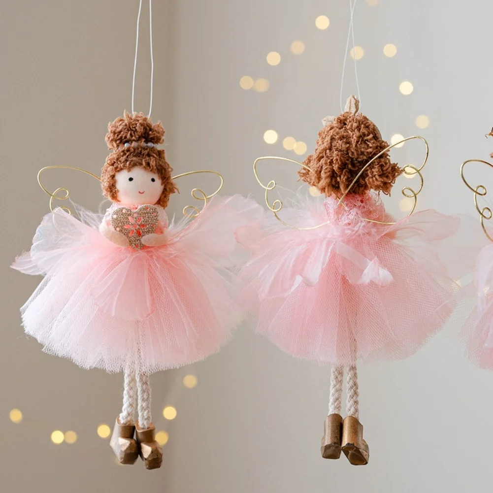 Cute Lace Floral Tulle Skirt Angel Pendant Pink Gold Wings 15x13cm Cloth Christmas Tree Ornament Hanging Decor For Holiday Home