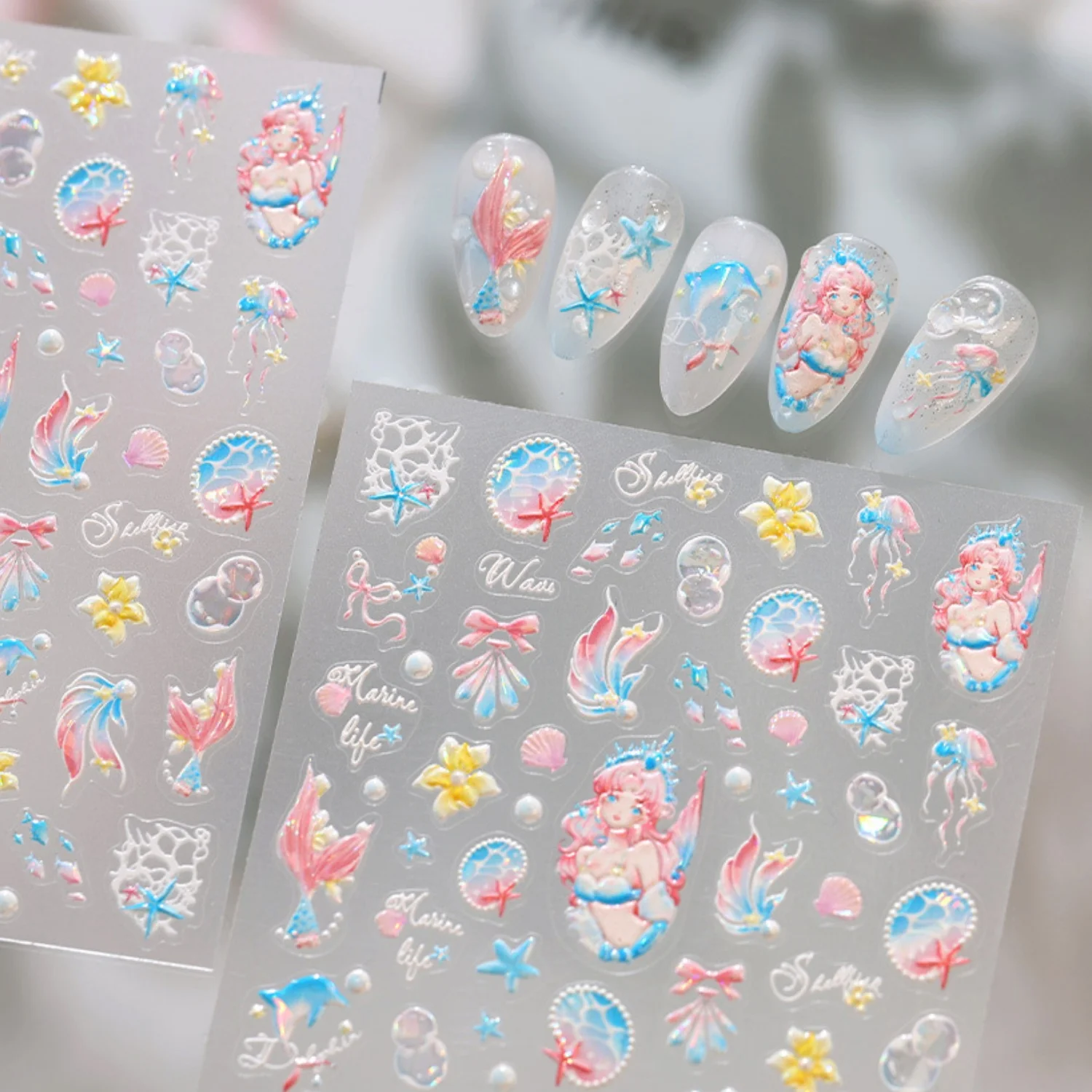 Mermaid Princess Nail Decals 5D Pastel Gradient Fish Tail Seashell Starfish Aquatic Plant Pearl Bubble Bow Marine Nail Stickers