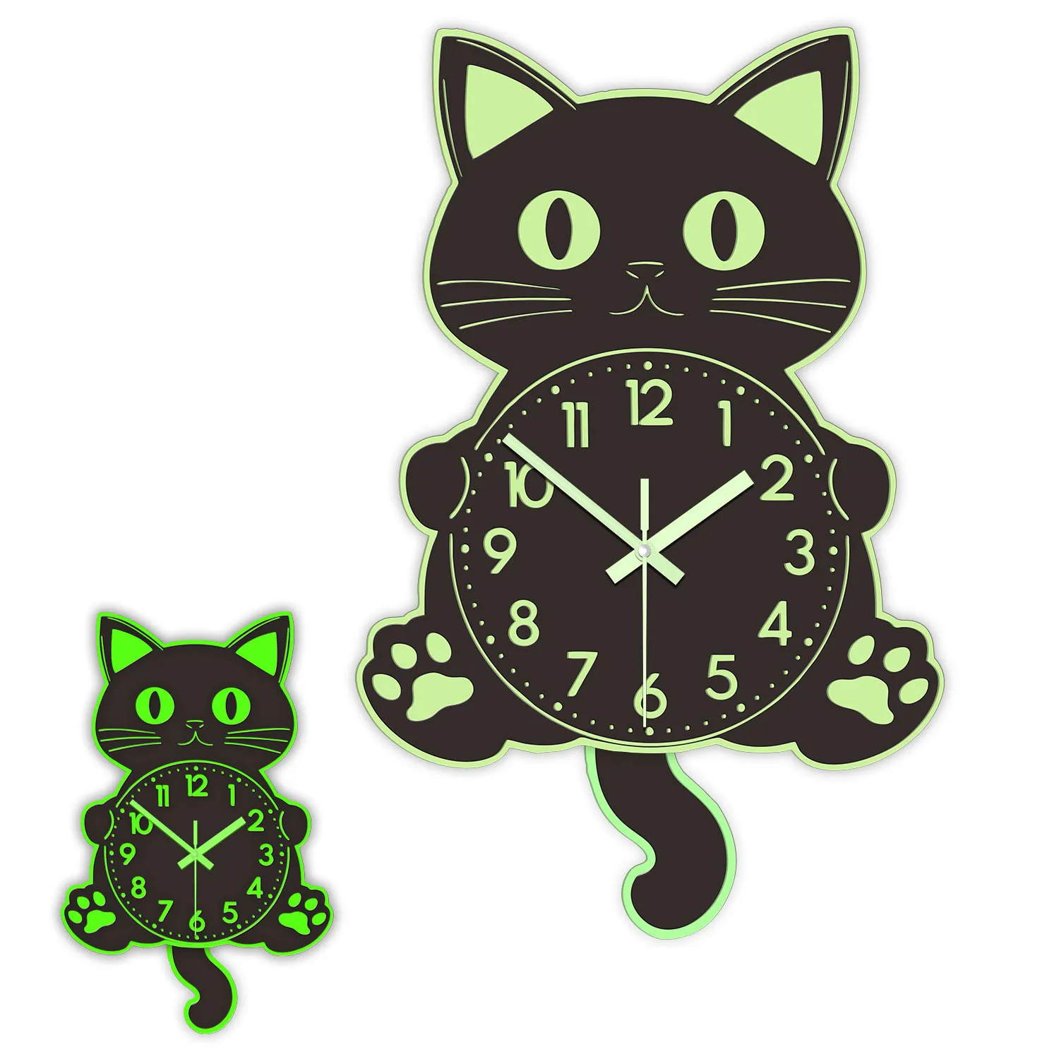 Glow in Dark Cat Wall Clock With Wagging Tail Pendulum Pet Shop Kitten Home Decor Silent Non Ticking Quartz Luminous Wall Clock