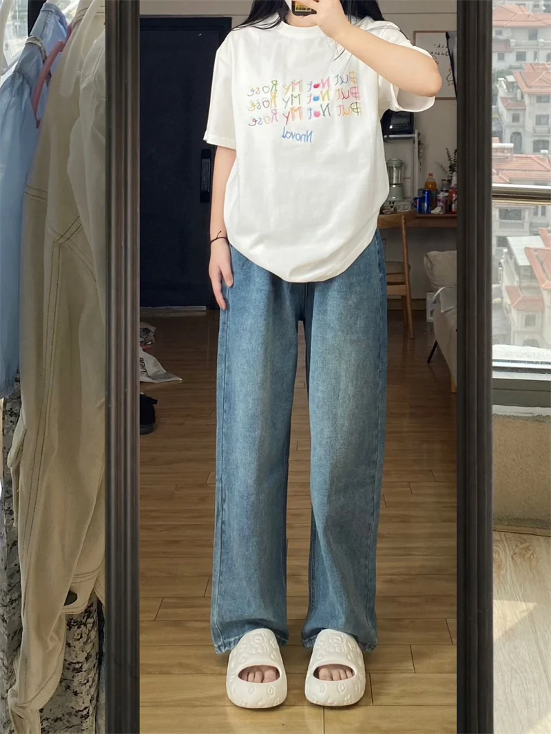 جينز نسائي عالي الخصر قابل للتعديل بأرجل واسعة أنيق بتصميم عتيق عالي الشارع Sle لصيف 2025 سروال دينم متعدد الاستخدامات للتخسيس