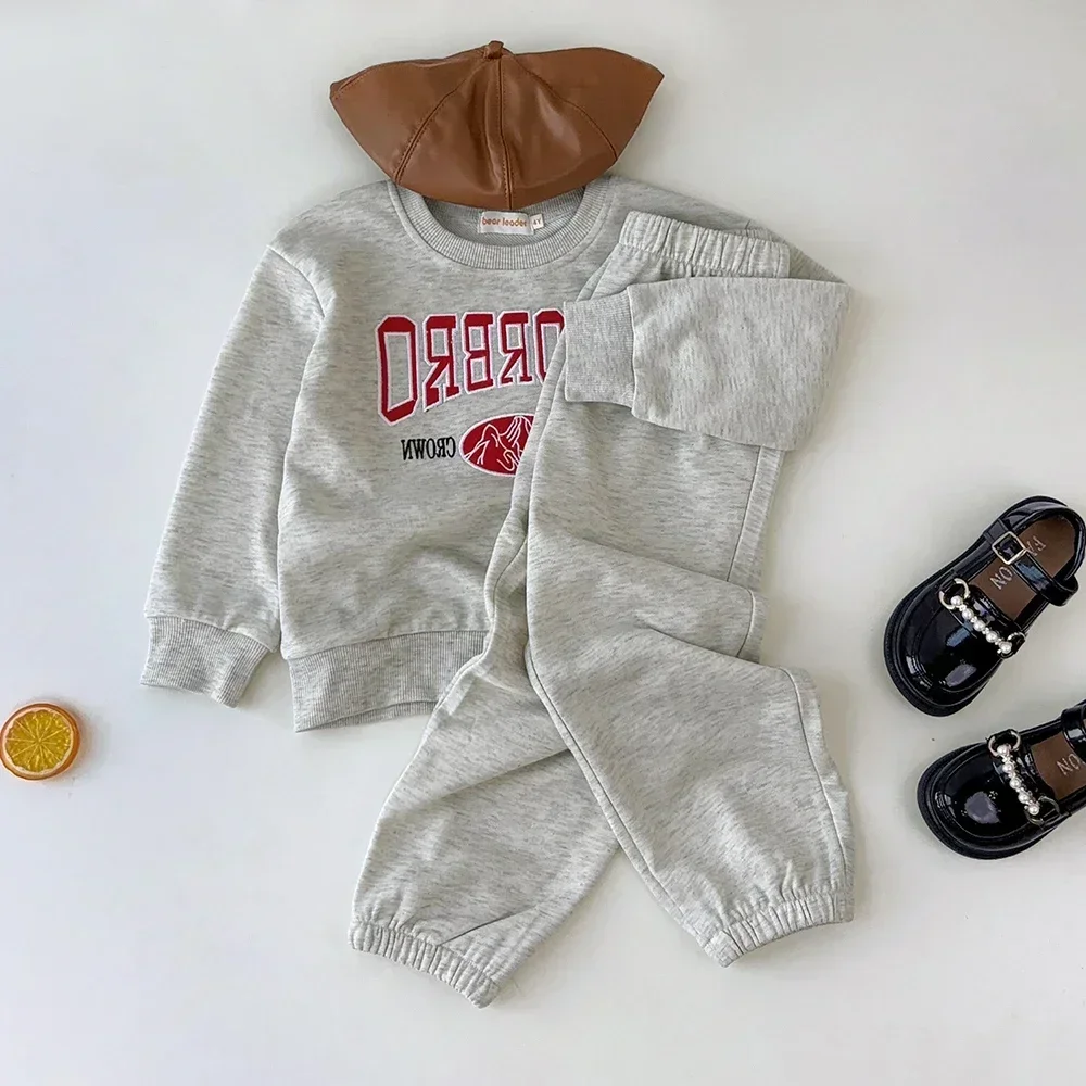 Autumn Korean Gray Sets Letter Printed Long Sleeved Top+Casual Pants Two Piece Set for Boys and Girls Sporty Children's Clothing