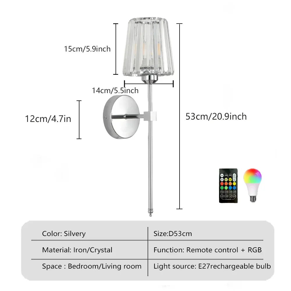 DARHYN Wiederaufladbare Wandleuchte, Kristallglas, RGB, wiederaufladbar, E27-Glühbirne, dimmbar, für Wohnzimmer, Schlafzimmer, Flur, Hotel, LED-Umgebungsbeleuchtung 6