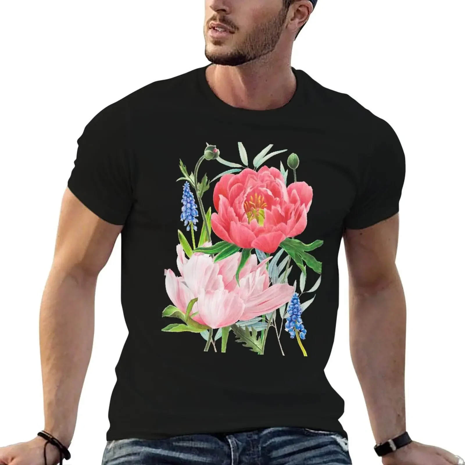 Colorful Pink Peony Botanical Illustration T-Shirt plus size tops graphic shirts plus sizes mens t shirts top quality