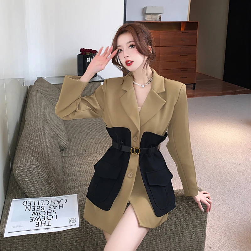 Temperament Suit Blazer Women Fall Winter 2022 New Notched  Belt Waist Long Sleeve Slim Patchwork Elegant Office Suit Jacket