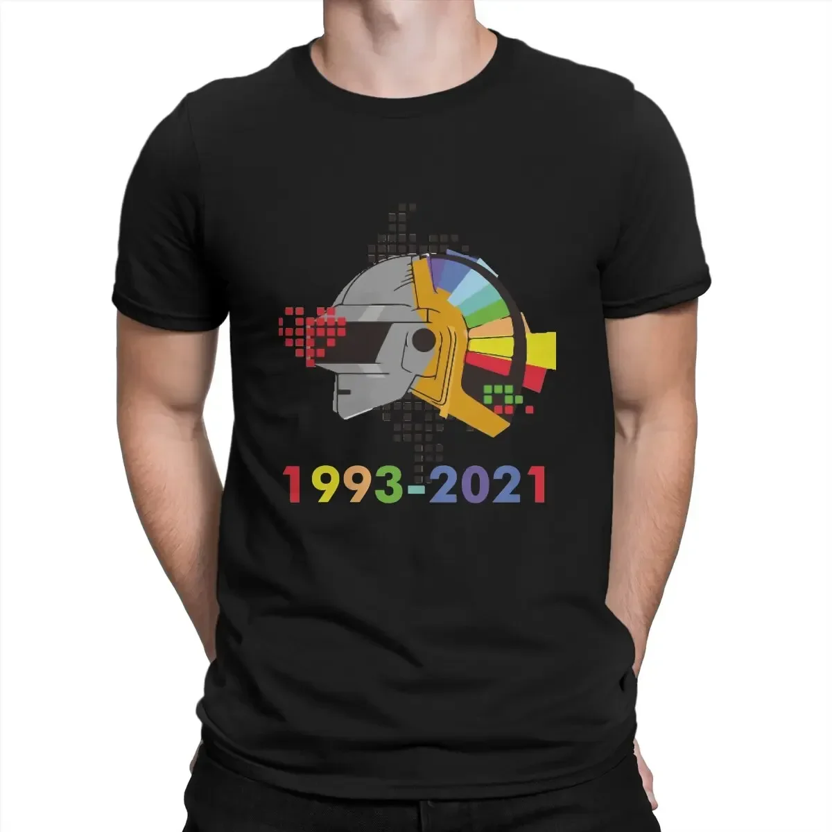 Rainbow Color Men's T Shirt Daft Punk Electronic Production Band Vintage Tees Short Sleeve Crew Neck T-Shirt Pure Cotton Clothes