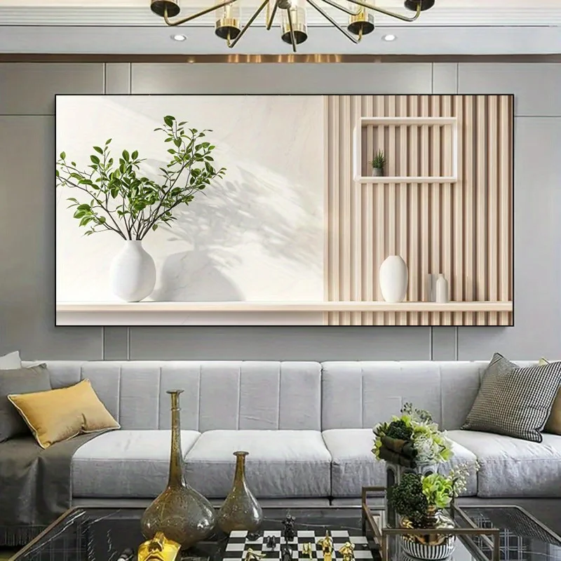 Modern Abstract Vase & Plants Still Life Canvas Art Print - Frameless Wall Decor for Living Room and Bedroom, Neutral Tones, Min