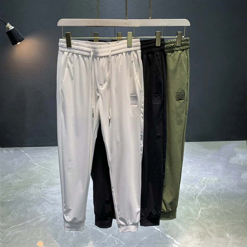 

Light luxury ice silk pants for men's summer new fashion trend brand high-end embroidery sports quick drying casual pants