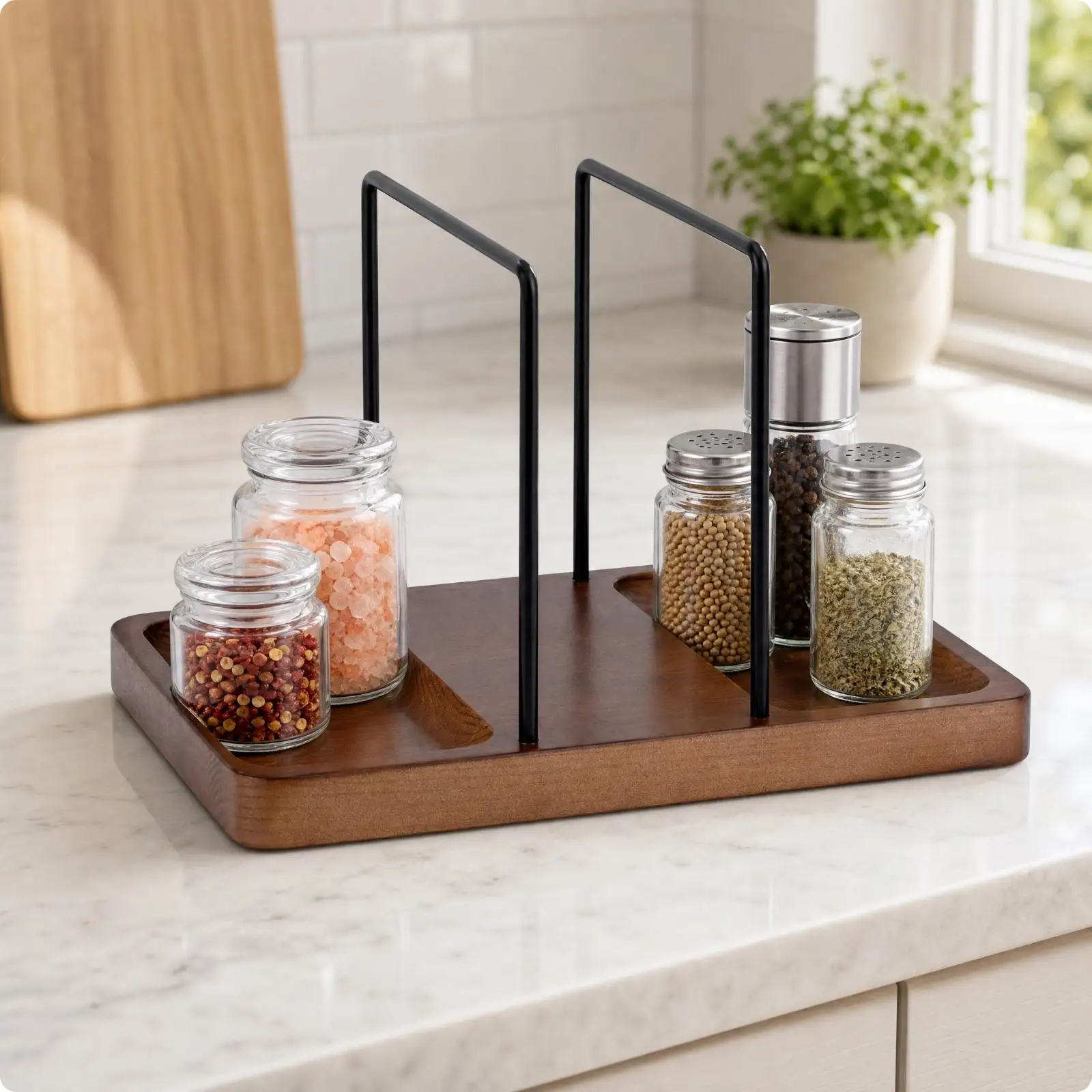 360 Rotating Wood Napkin Rack with Black Metal Supports for Dining Table Cutlery and Kitchen Roll Holder