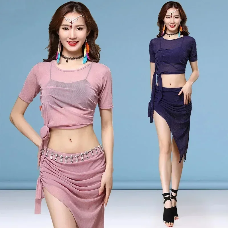 ملابس الرقص الشرقي لربيع وصيف ملابس ممارسة جديدة بشاشة فضية وتنورة مشطوفة ملابس أداء تناسب الإناث البالغات