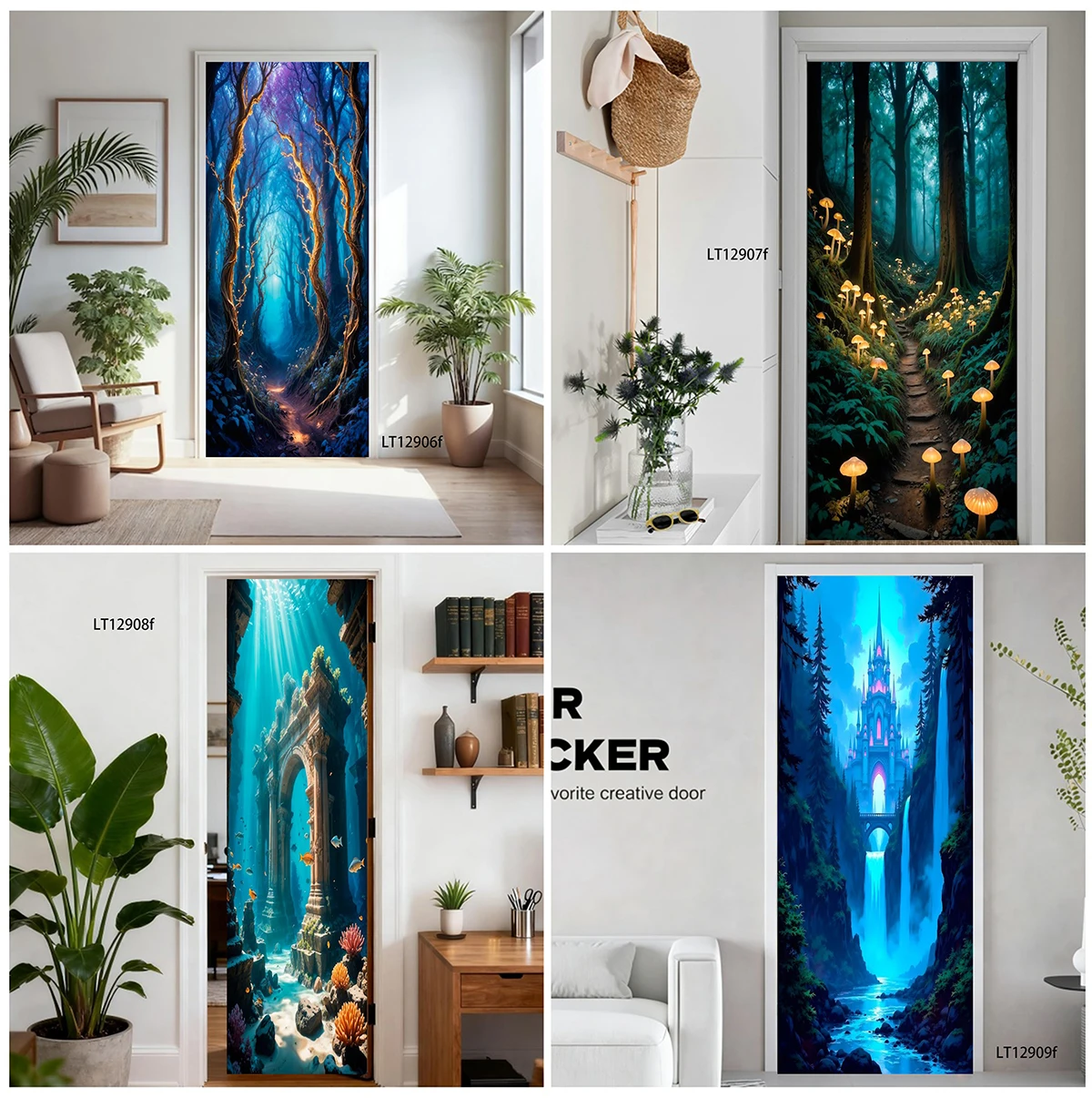 Fairy Magical Glowing Forest Scenery Door Sticker Waterproof Self Adhesive Decal Tear Resistant Indoor Home Door Wrap Decor