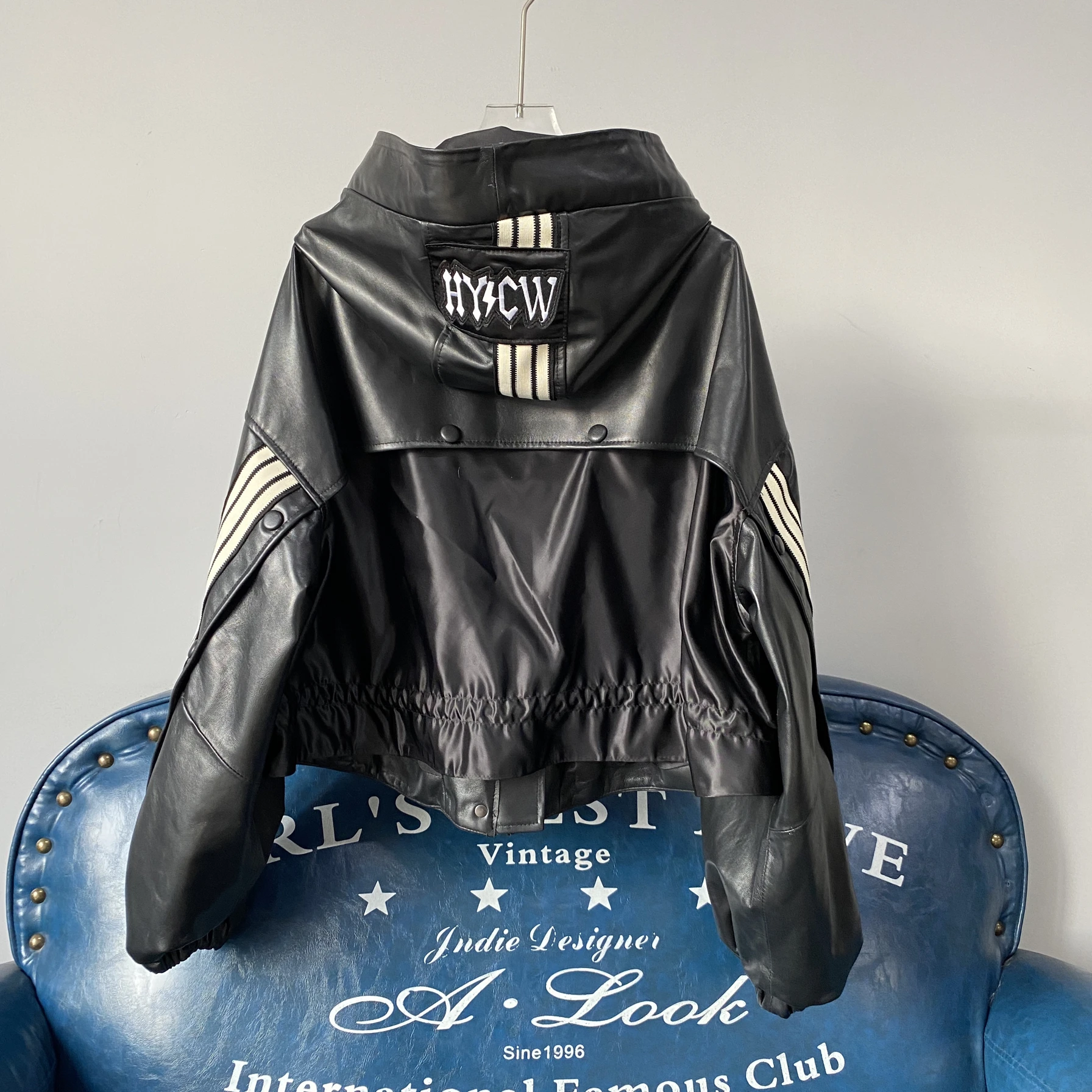 2025年新作 レディース 本革 ジェットシープスキン スプライシング スリム ルーズ アウター おしゃれ フード付き ウィンドブレーカー コート