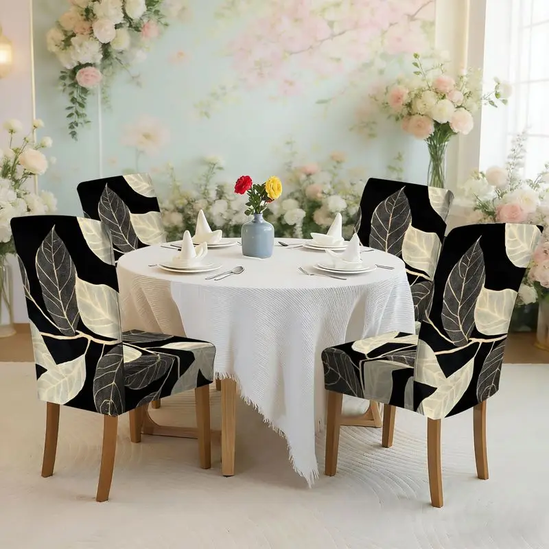 

Набор чехлов для обеденных стульев с плоским принтом и эластичной резинкой, черно-золотой и белый монохромный узор в виде листьев, простой стиль, чехол для стула