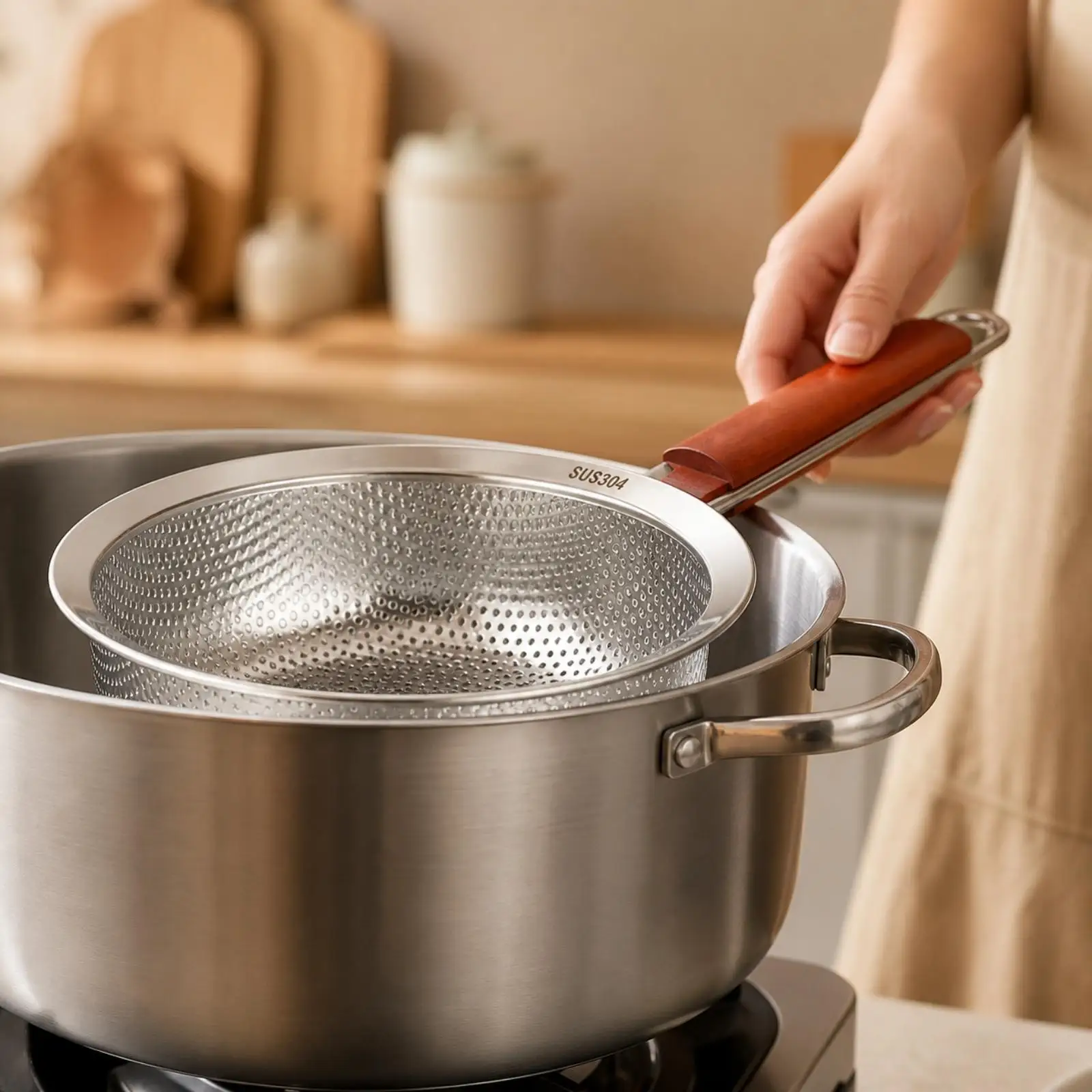 Perforated Strainer Spoon Easy Storage Draining Spoon Wooden Handle Stainless Steel Skimmer for Frying, Blanching, Produce
