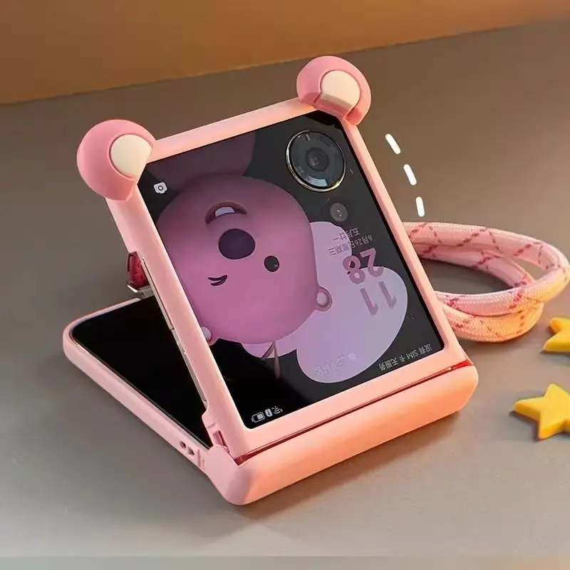 Cute Pink Ears Portable Lanyard Phone Case For Motorola MOTO RAZR 40 Ultra 50 Ultra 60 Pro Razr Plus 2025 2024 2023 Hinge Cover