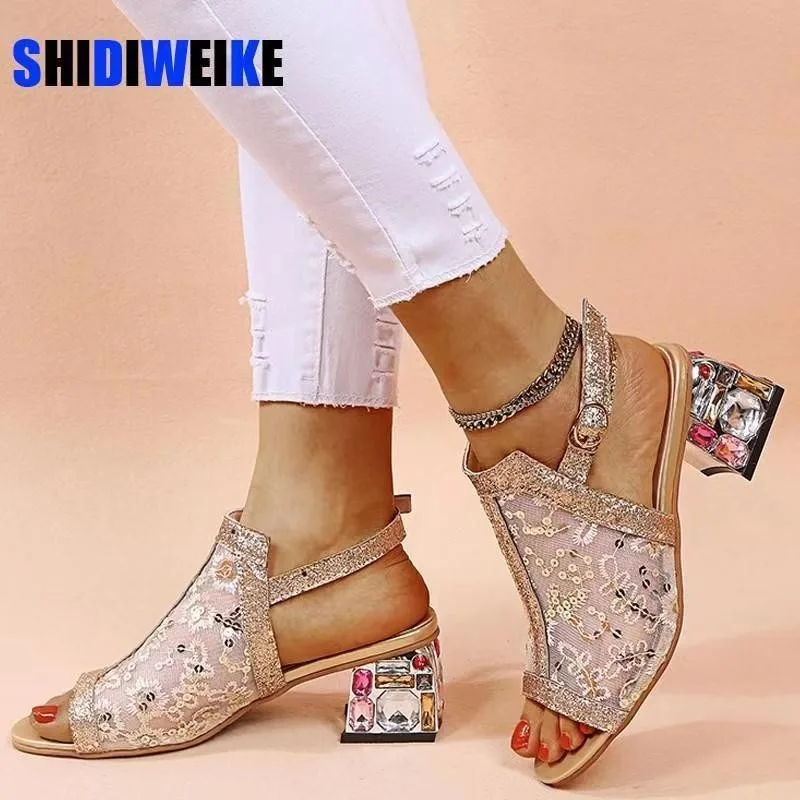 2024 Ladies Shoes Hot Sale Women\'s Sandals Modern Dress Sandals Women Buckle Strap Bling Mesh Square Heel Peep Toe Shoes Women