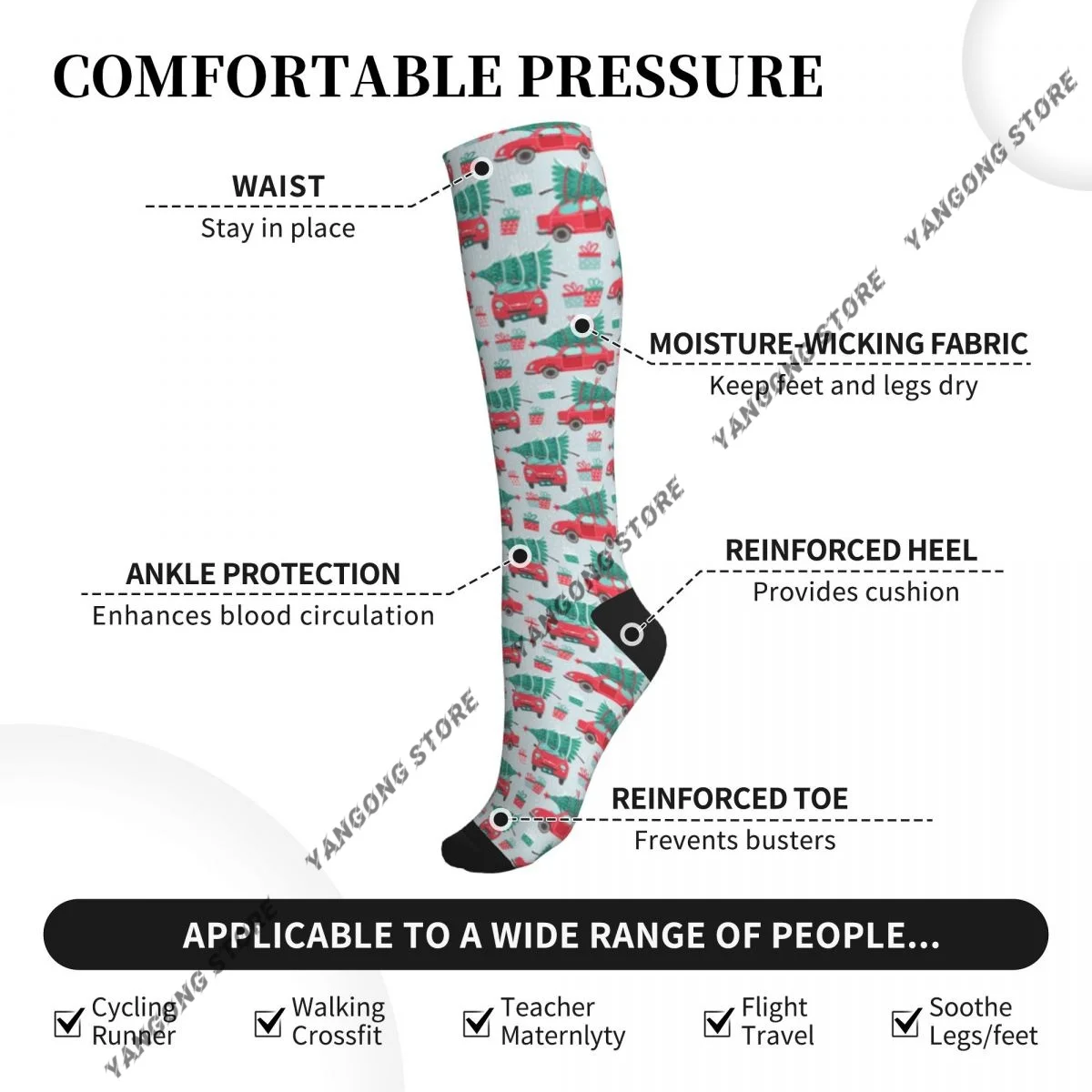 Red Truck And Christmas Tree Compression Socks Men Women Travel Sport Socks