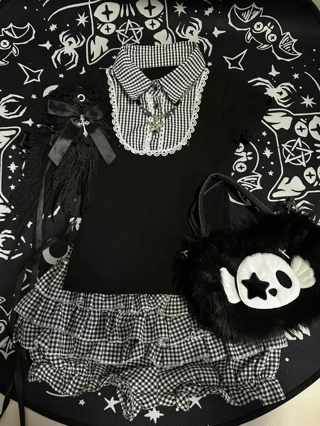 Vintage Plaid Polo Shirt Women - Black White Gothic Color Block Short Sleeve Tee, Y2K Slim Fit Sweet Cool Top, Summer Casual Gol