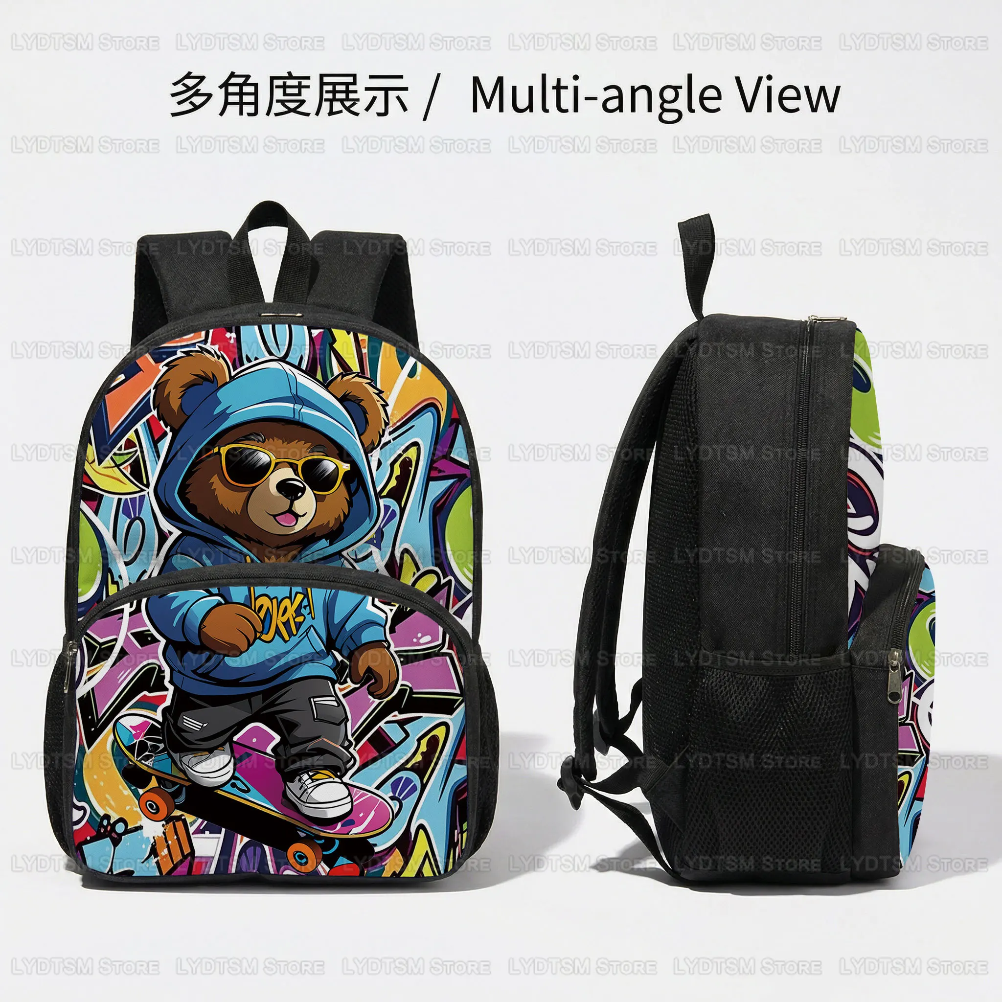 16 Inch Graffiti Cartoon Bear Doll Print Backpack for Travel Teenager Student School Bags Women Men Laptop Bags Daypack