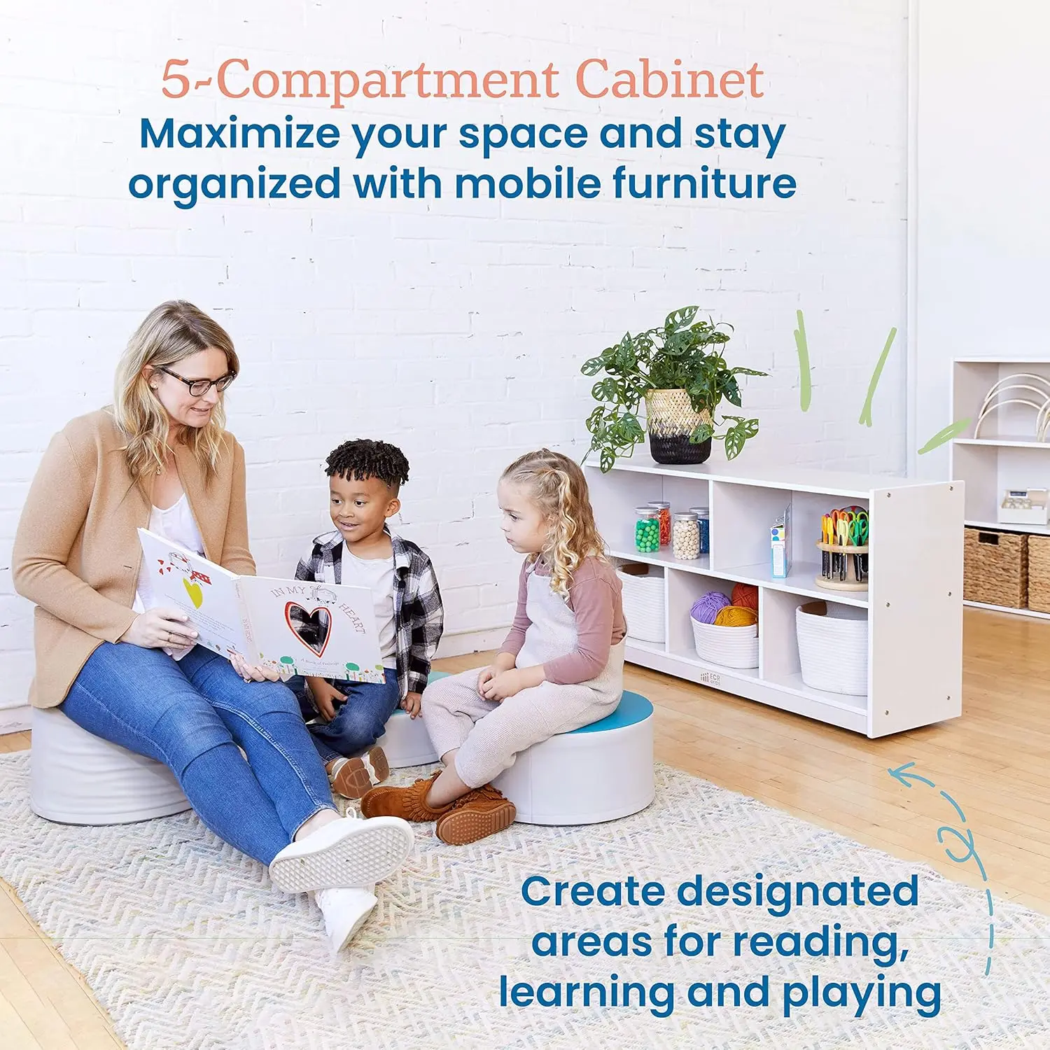 Compartment Mobile Storage Cabinet, 24in, Classroom Furniture, White Wash