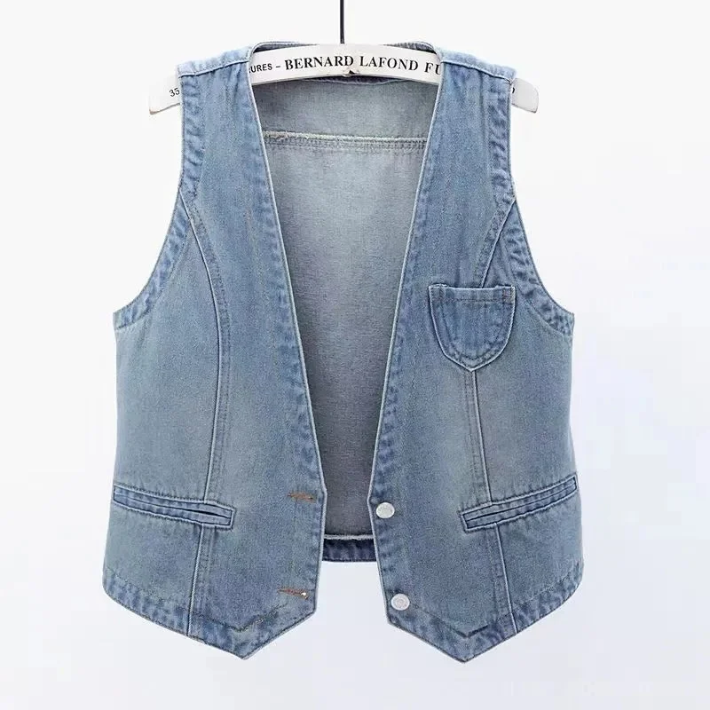 Vintage Denim Waistcoat Jacket 2026 Spring New Short Slim Sleeveless Coat Vest Single Breasted Blue Casual Tops