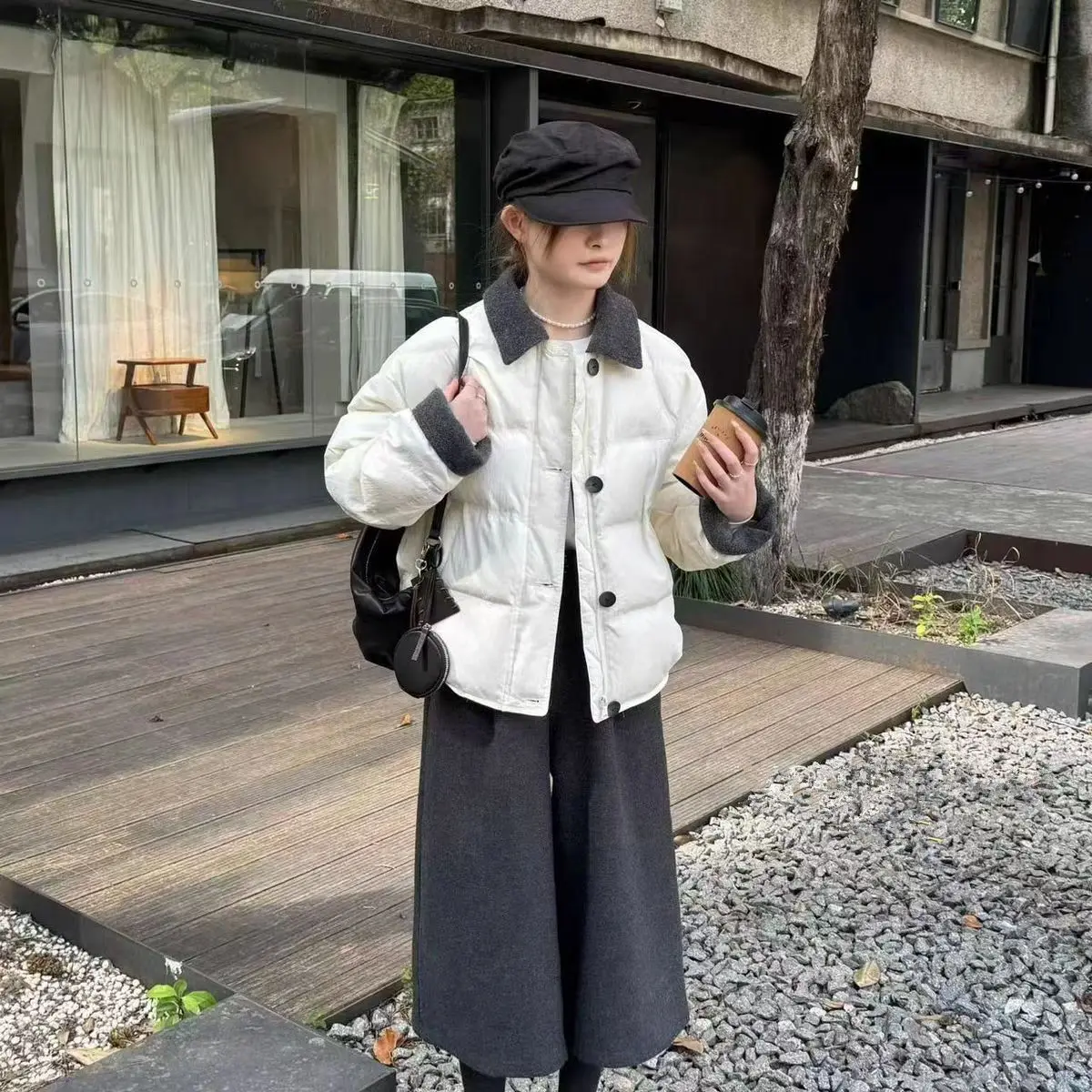 Winter High Quality Lapel Splice Down Jacket Female Thicken Warm Parker Jacket Women White Duck Down Single-breasted Outwears