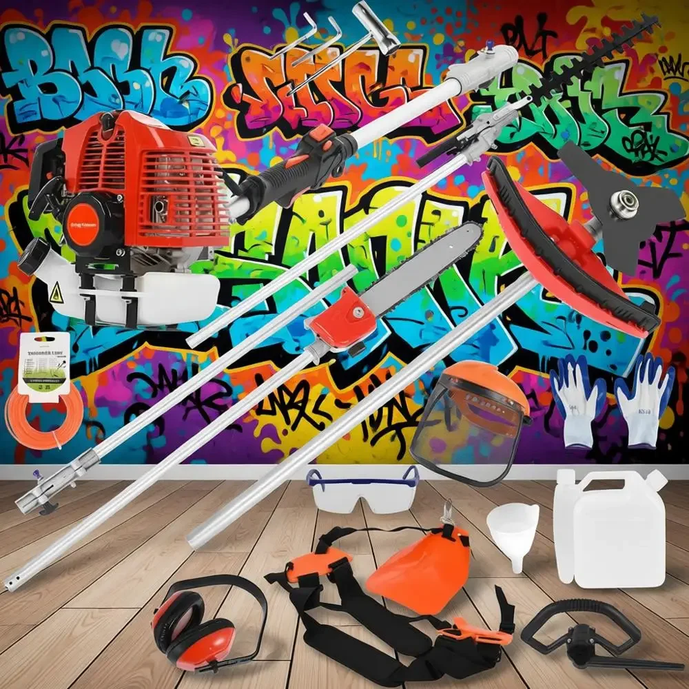 

Многофункциональный бензиновый кусторез 5-в-1 (52 куб. см) с функциями цепной пилы, триммера для кустов и триммера для сорняков (красный)