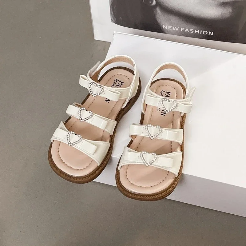 Summer Toddler Girls Flat Sandals Versatile Rhinestone Heart Kids Fashion Open-toe Sandals Children Princess Shoes Sweet Bowknot
