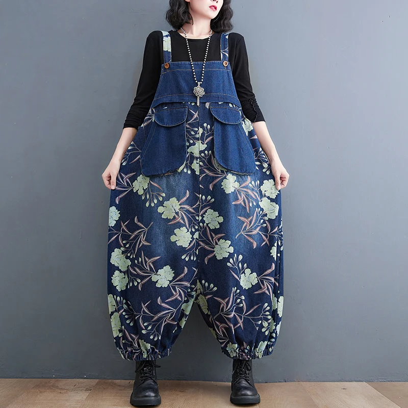 Slimming Floral Print Denim Overalls Women's Loose plus Size Autumn Winter High Waist Long Pants Comfortable Casual Jeans