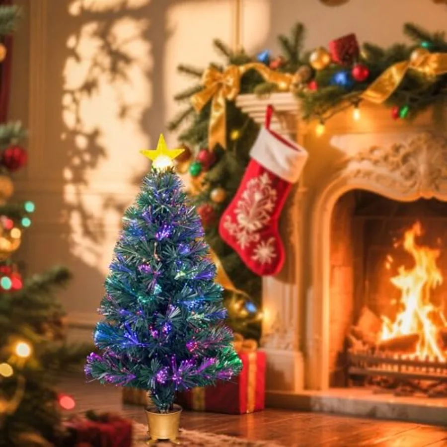 32inch Pre-lit Mini Fiber Optic Tabletop Artificial Christmas Tree, Small Xmas Tree with Stars Decorations