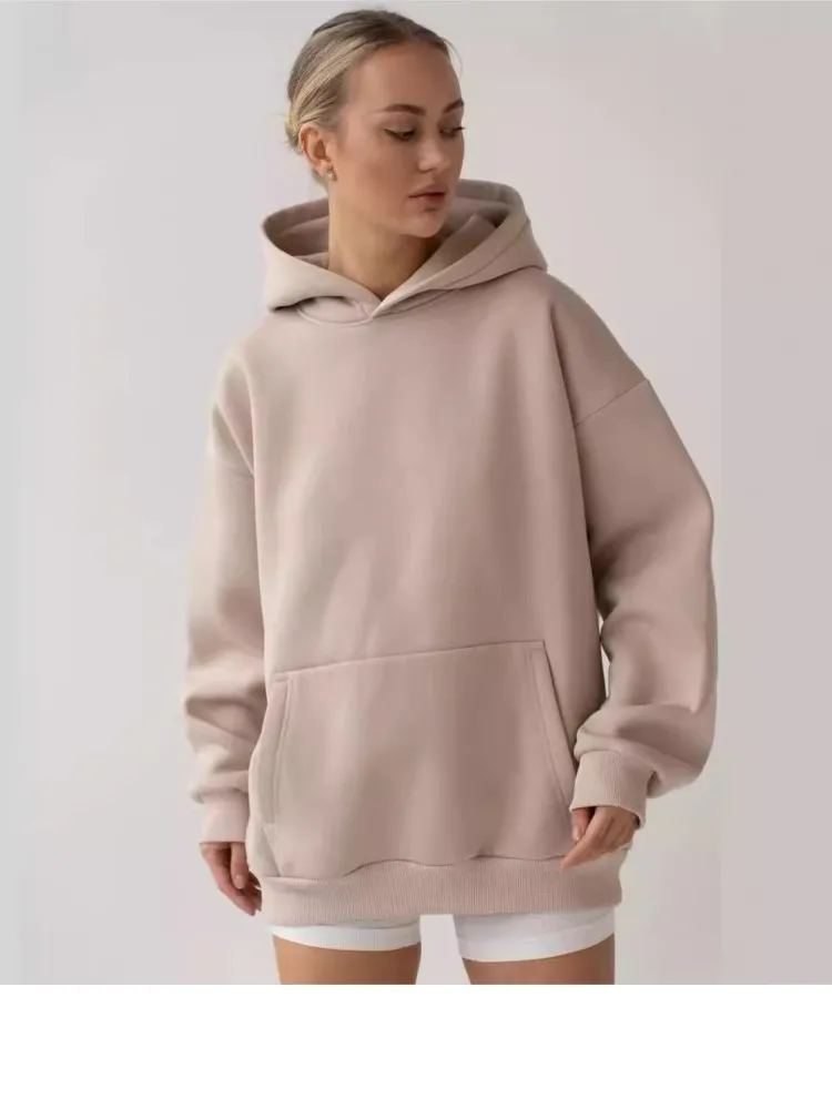 

Hoodies Loose Women's Sweatshirts Hooded Solid Spliced Big Pocket High Street Spliced Slight Strech Sweatshirt Autumn Pullover