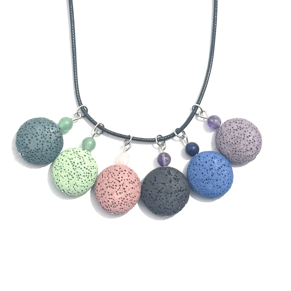 10pcs Heart Round Shape Colorful Lava Stone Pendant with Chakra Bead DIY Perfume Essential Oil Diffuser Necklace Jewelry