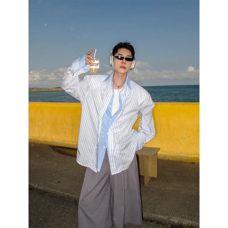 

Doublewin Holiday Stripe Patchwork Loose Fake Two-Piece Men's College Sle Sunscreen irt Casual Loose Fit Long Sve ...