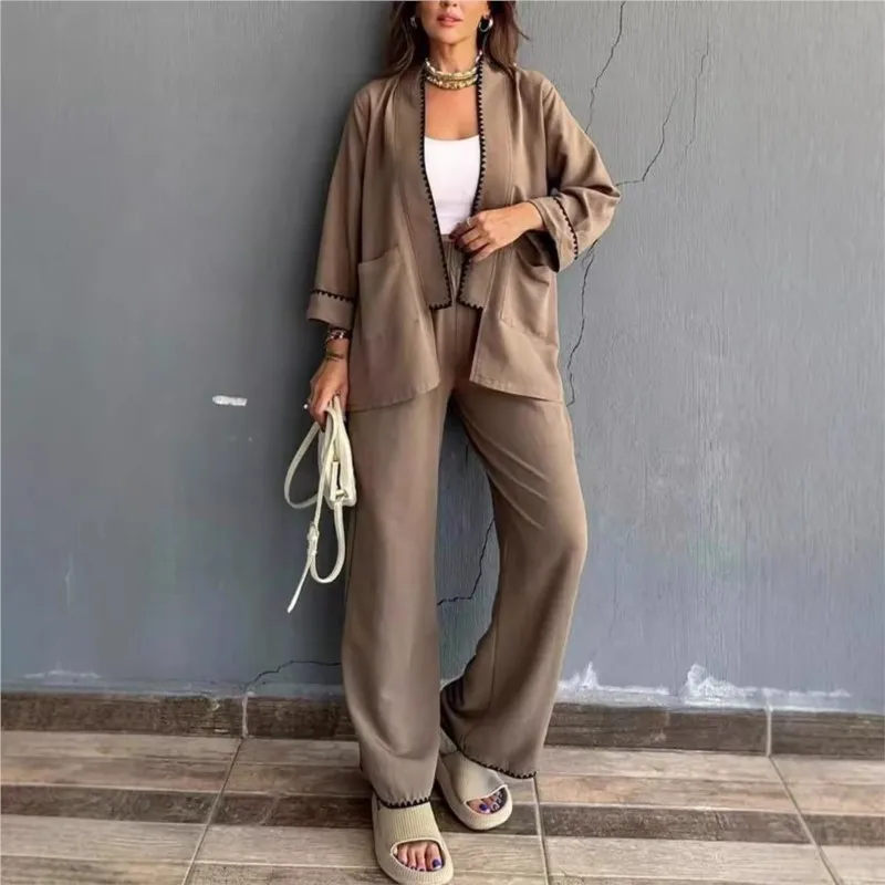 Women's Two Piece Set New Fashion Solid Pockets Loose Cardigan Jacket + High Waist Wide Leg Long Pants Sets Women Vintage Suits