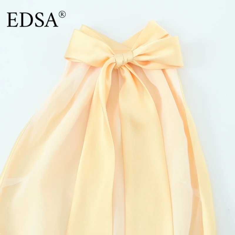 EDSA 女性イエローサテンミディドレスホルターネックハイウエストノースリーブオープンバック女性のロングドレスパーティーホリデー用