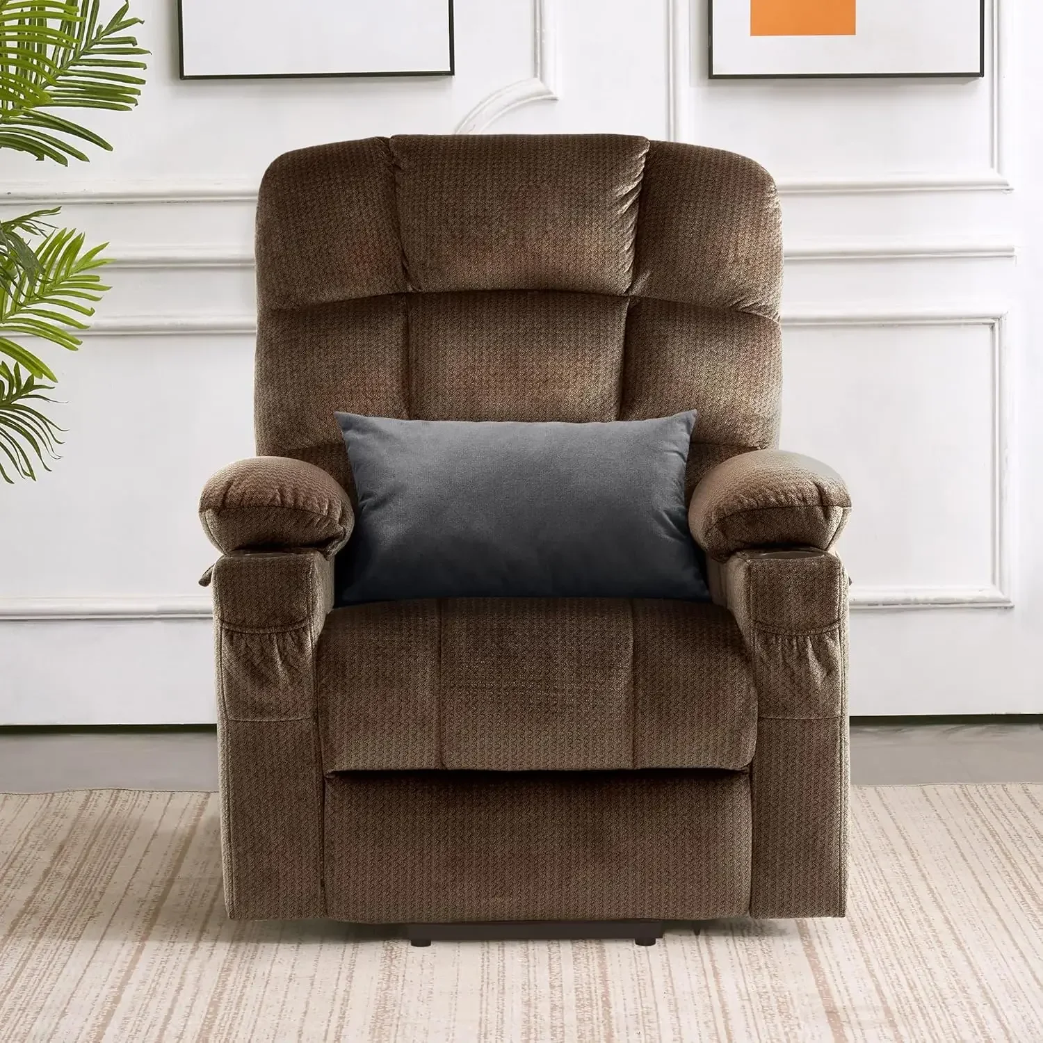 Dual Motor Power Lift Recliner Chair with Massage and Heat USB Ports, Cup Holders, Fabric 7680 (Large-Regular, Brown)