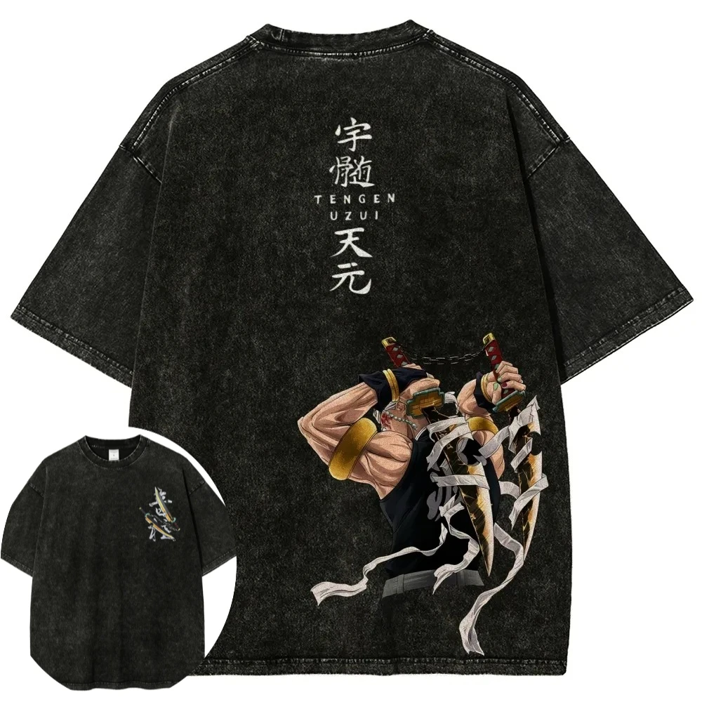 Demon Slayer Herren- und Damen-T-Shirt im Used-Look, Tengen Uzui, Sommer-Frühling, Anime-T-Shirt, Retro, Distressed, vielseitig, Y2k, Kurzarm