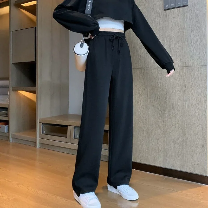 Pants Women Wide Leg Simplicity Students Loose Joggers Drawstring High Waist Trousers Cozy Solid Casual Straight Popular New