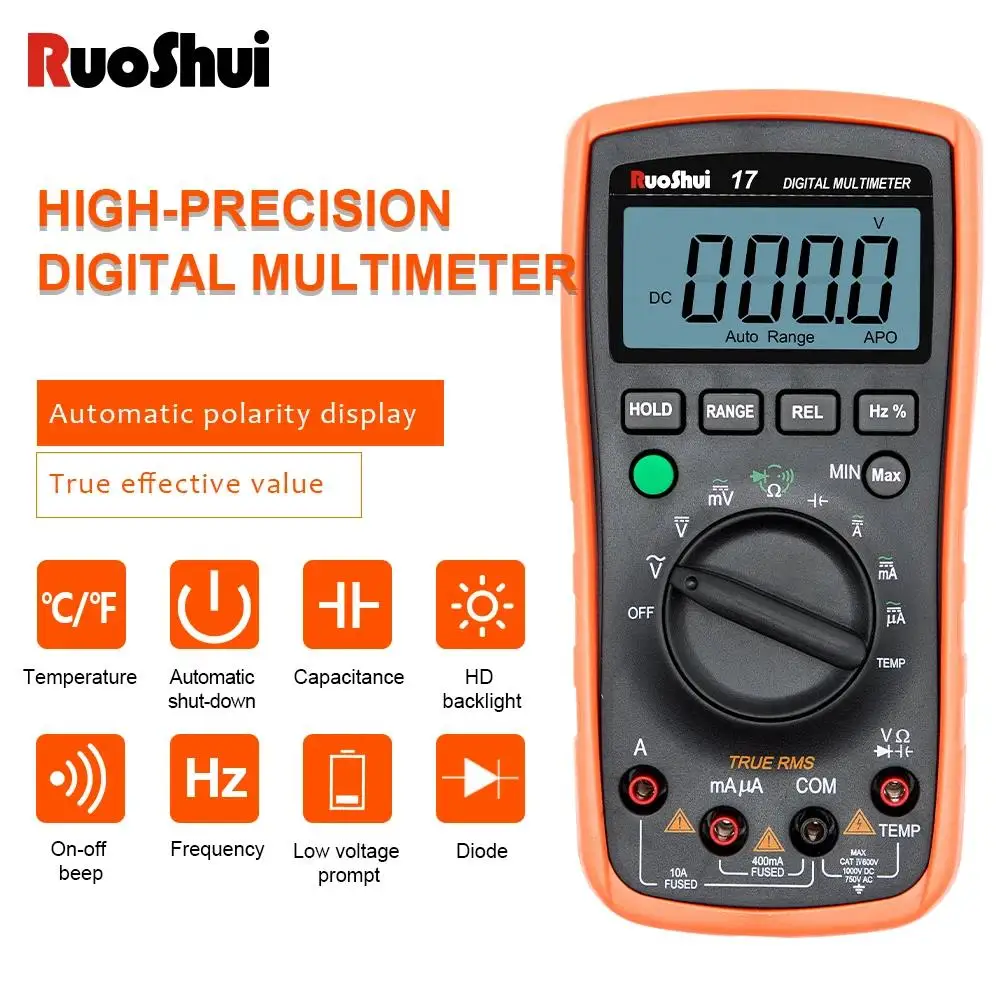 

RuoShui17 Digital Multimeter Smart Auto Range 1000V 10A Tester Meter Ohm Hz Capacitance REL True RMS Multitester Live Wire Diode