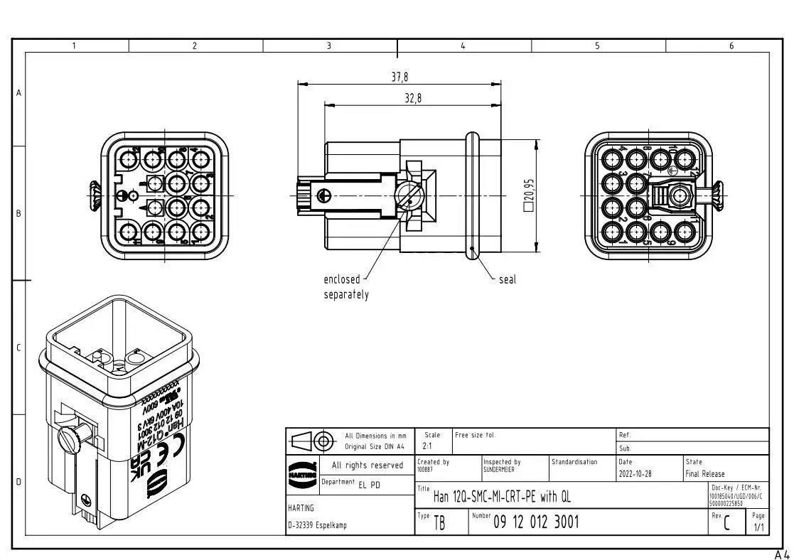 0912012300 Harting 1 Han 012-m 12pin Zware Connector Han Q 12/0