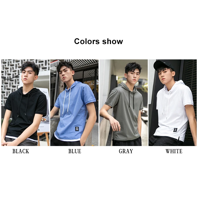 BROWON False Two Short Sleeve T-shirt Men\'s Hoods Casual Loose Summer New Solid Color Stitching Cotton Top Tee