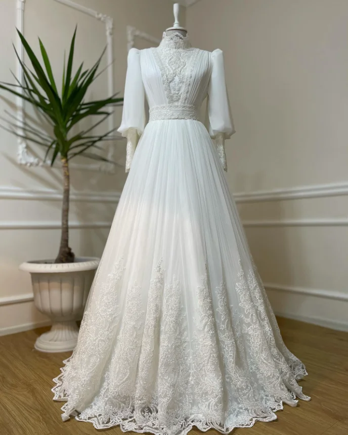 

Muslim Lace Chiffon Wedding Dresses with Sleeves High Neck Ozeldikimgelinlik Applique Pleated Church Bridal Gown Outfit Customiz