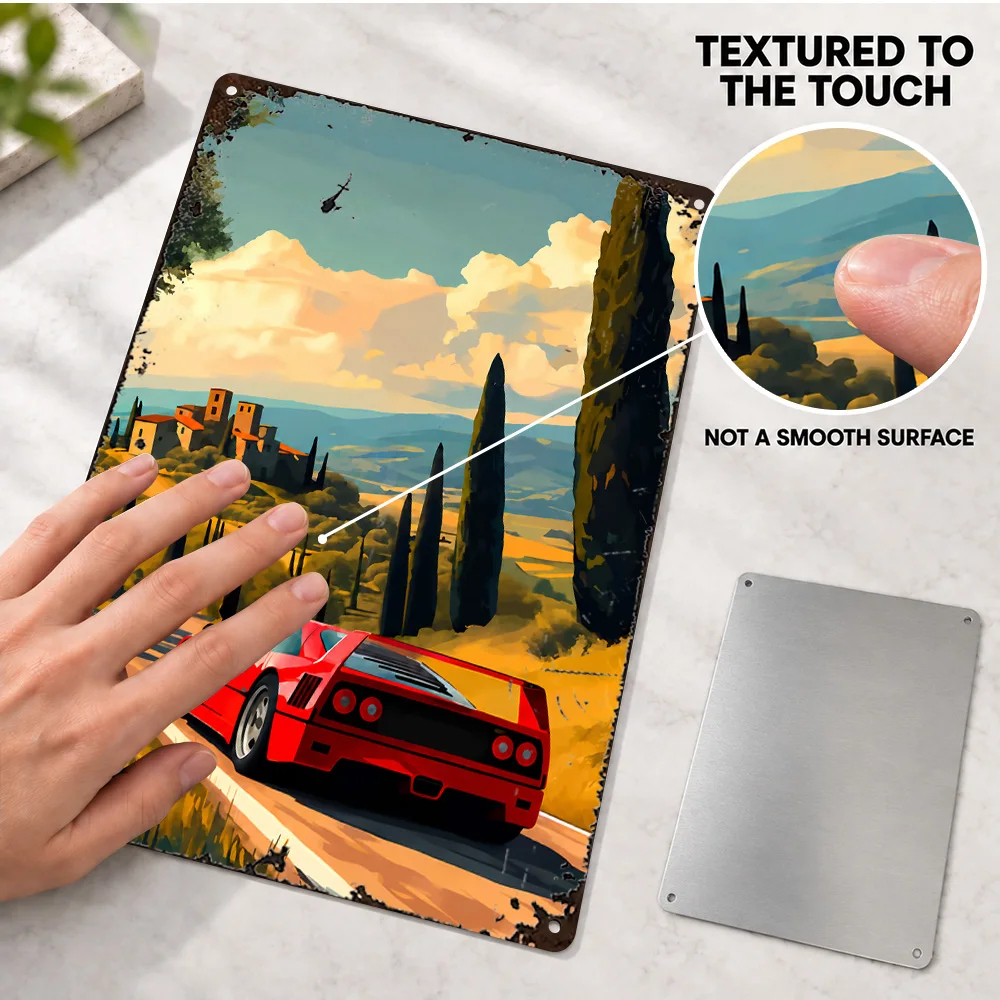 Red In Tuscany Landscape Car Aluminum Poster Customized Metal Sign Painterly Illustration Wall Art For Study Motoring Fan Gift