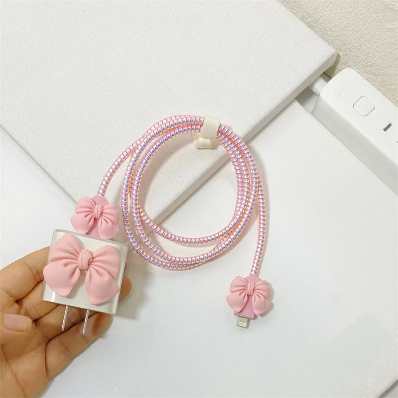 Korea Cute Pink Bow Soft Silicone Charger Case For IPhone 11 13 14 15 18W-20W Fast Charge Protection Cover Clear Charger Sleeve