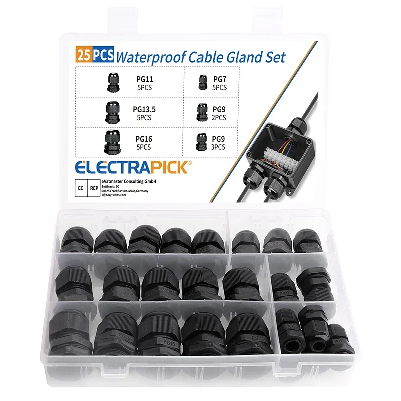 25pcs Waterproof Cable Gland Nylon Joints Plastic Black Cable Glands Connector PG7 PG9 PG11 PG13.5 PG16