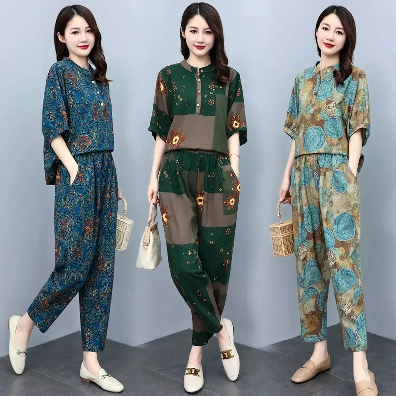 Middle Aged Mother Summer Suits 2023 New Fashion Age Reducing Harun Pants Cotton Hemp Set Short Sleeve Top Two Piece Set Female