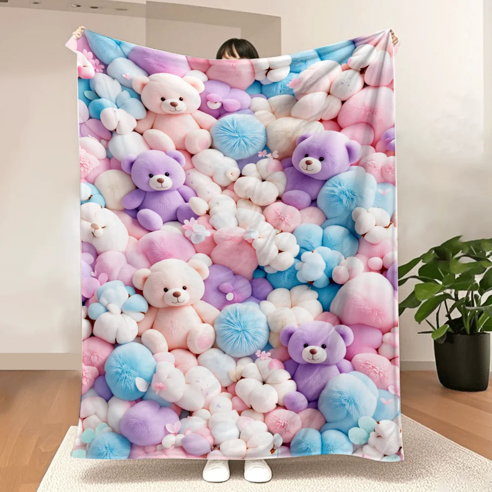 1PC Lovely pastel teddy bear print blanket-made of soft fluffy flannel, perfect for bed or sofa. This is a fantastic bedroom dec