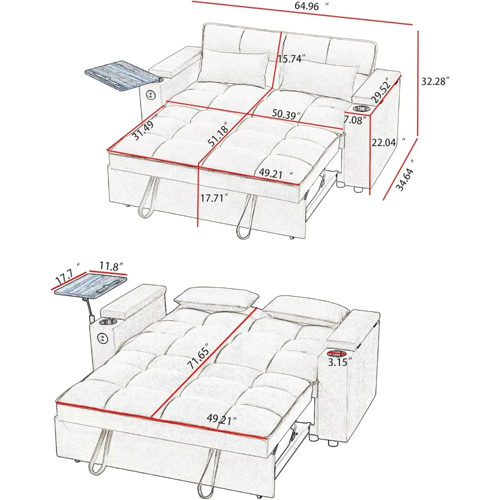 أريكة سرير قابلة للتحويل 65 مع مسند ظهر قابل للتعديل، وصالة تشيس، وطاولة جانبية، ومنافذ USB/Type-C - أثاث وظيفي أنيق #2